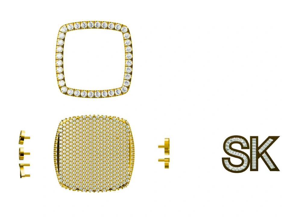 Exploded CAD illustration showing the diamond-set top, raised initials, border and side lettering as separate elements