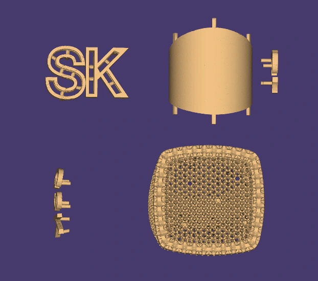CAD illustration showing the separate ring shank, top plate, raised initials and side components