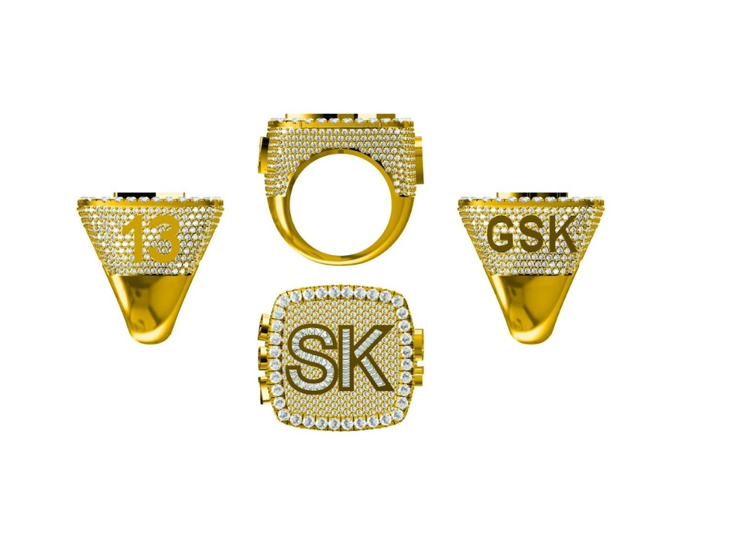 CAD illustration showing front and side views of the championship ring with raised initials and the number 13