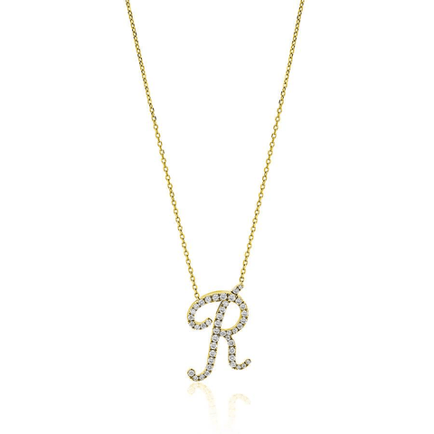 Diamond Initial Letter "R" Pendant Xclusive Diamonds 9K Yellow Gold HI Si 