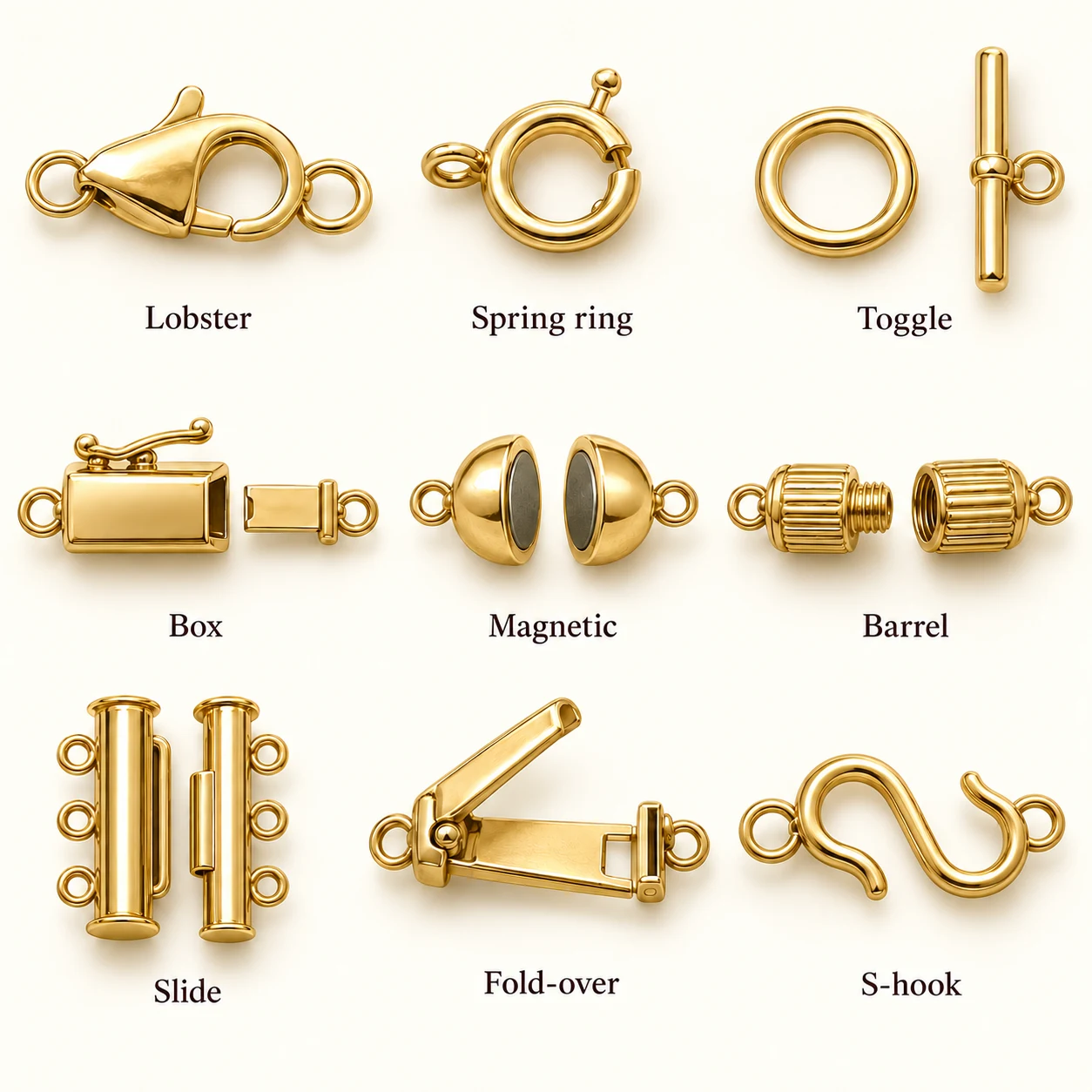 Nine gold clasp examples: lobster, spring ring, toggle, box, magnetic, barrel, slide, fold-over and S-hook.