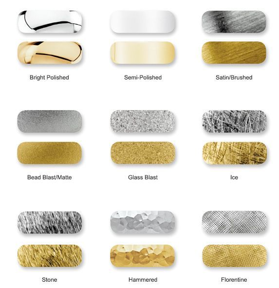 Reference samples showing polished, semi-polished, brushed, matt, glass-blast, ice, stone, hammered and Florentine metal finishes.