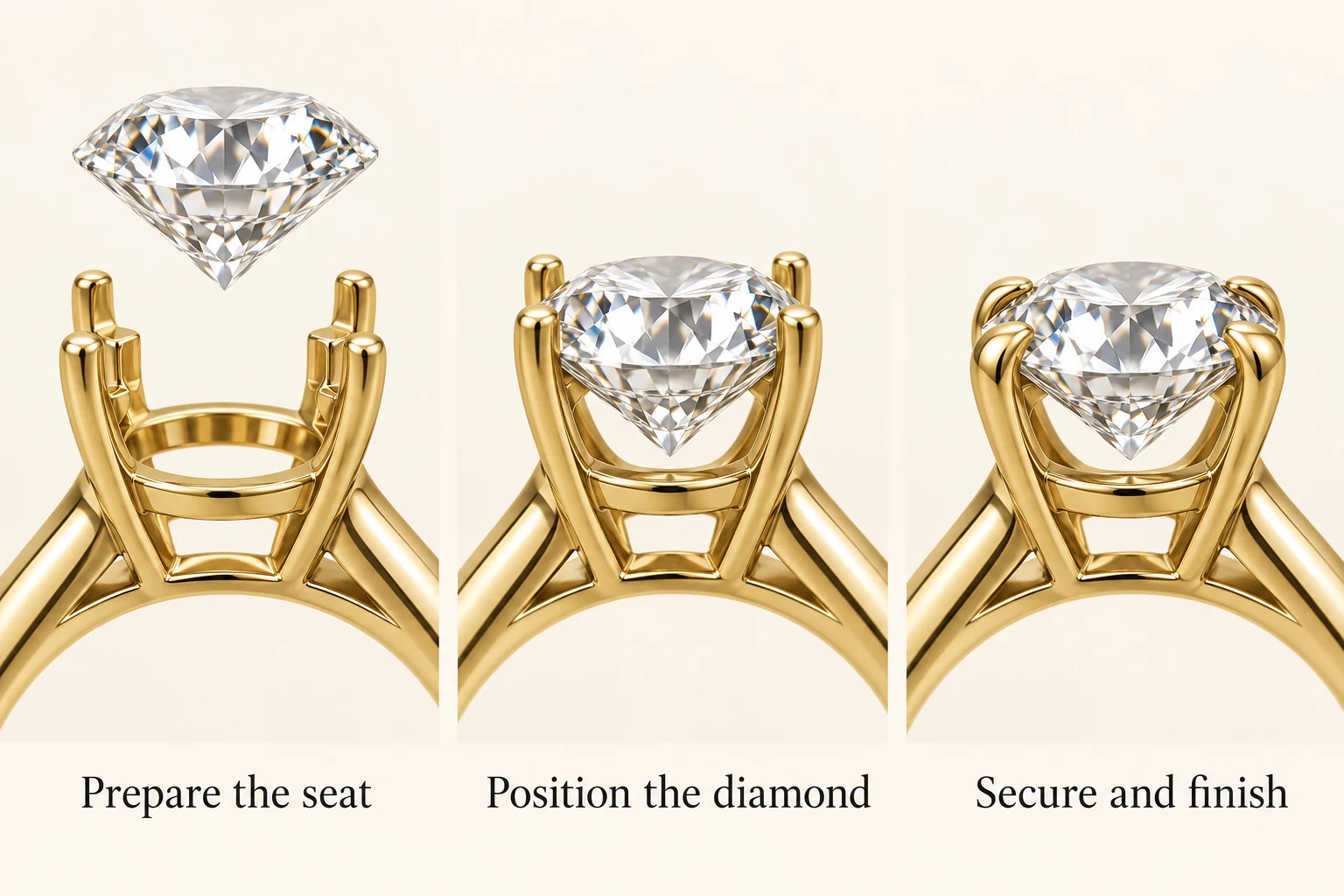 A round diamond above an empty four-prong head, seated level, and finally held by four shaped prong tips.