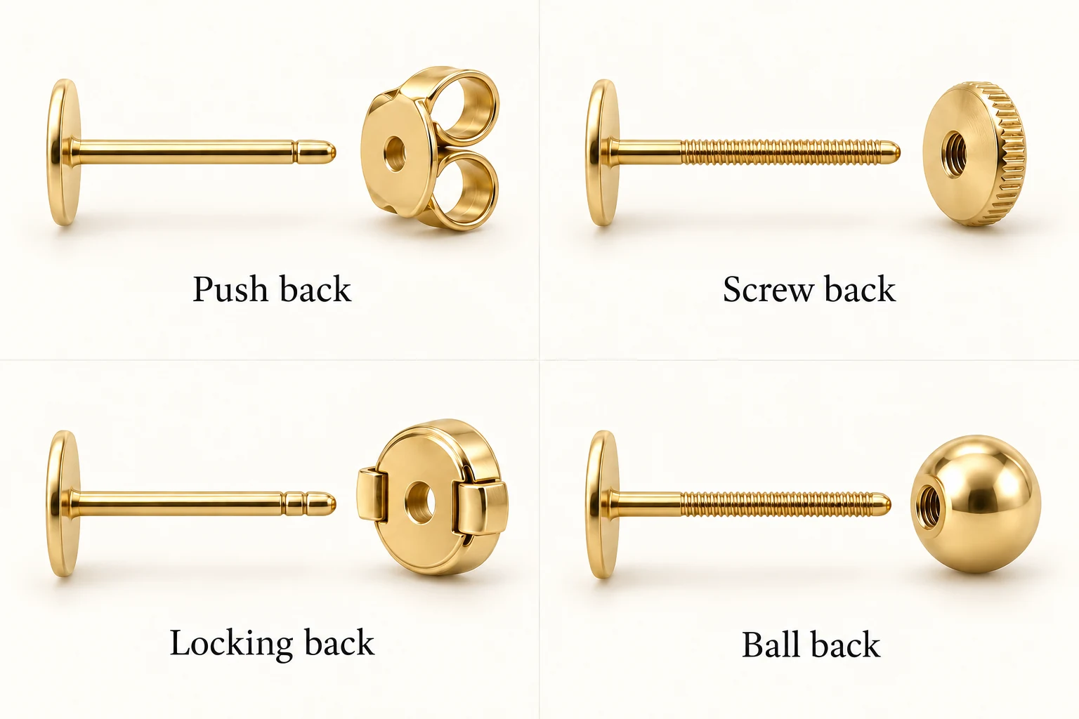 Exploded examples of a smooth post with push back, threaded post with screw back, notched post with locking back and threaded post with ball back.