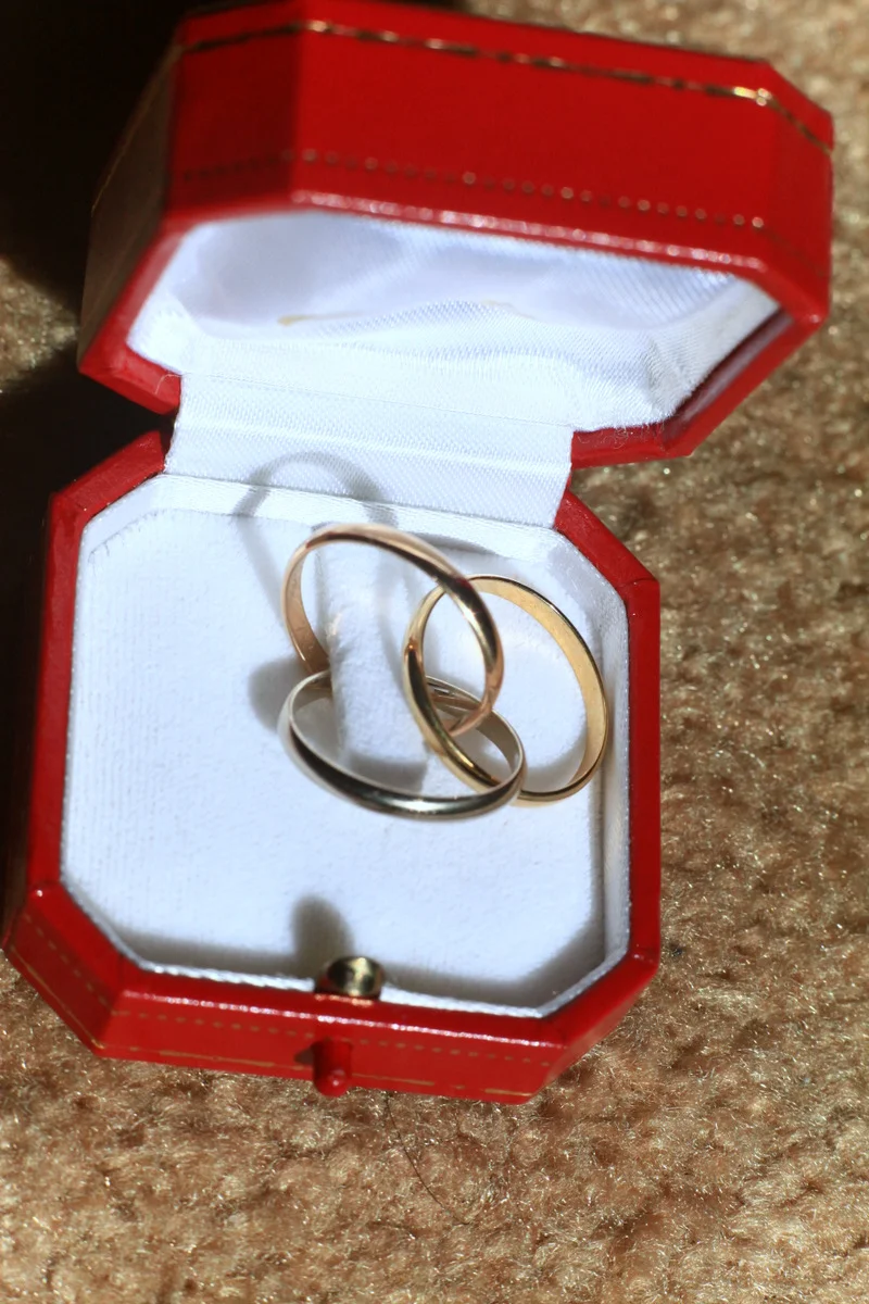 Three interlocking gold bands in yellow, white and rose colours in a ring case.