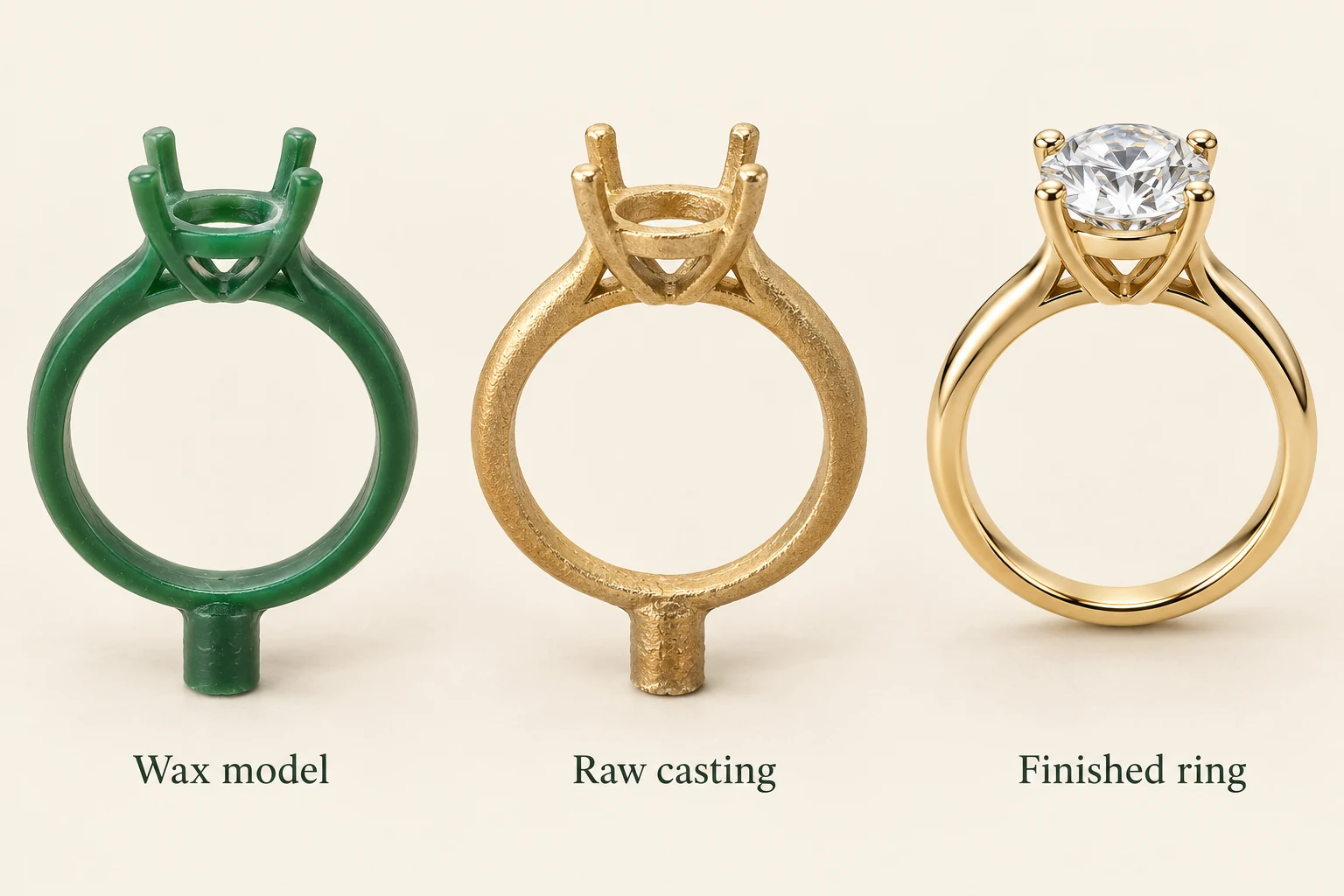 A green wax ring model and a rough gold casting with feed sprues, followed by a polished gold ring set with a diamond.