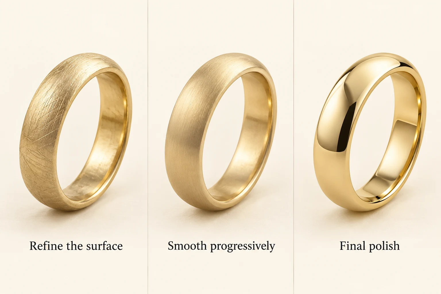 Three gold bands illustrate a marked surface, a smoother prefinished surface and a reflective final polish.