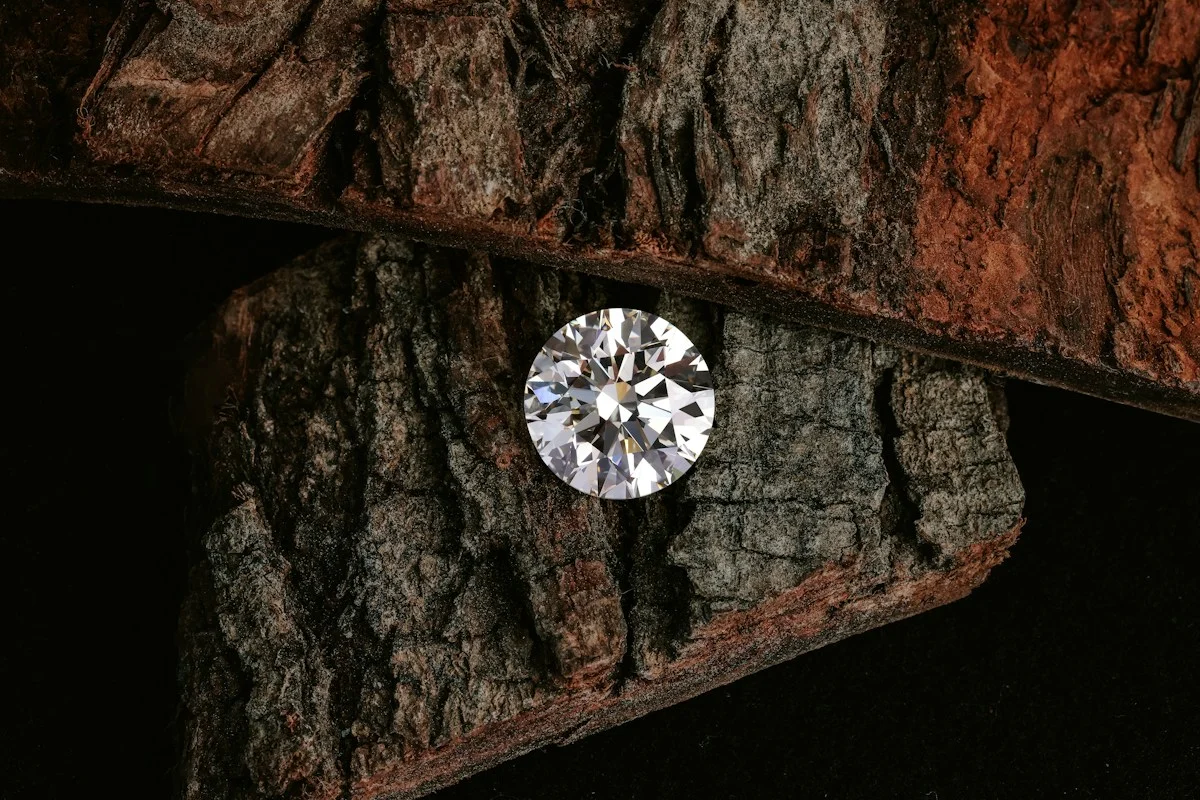 Round brilliant diamond photographed face up with visible polished facets.