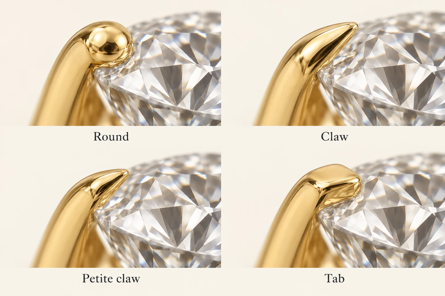 Four gold prong tips on diamond edges: round, tapered claw, smaller single petite claw and flat rectangular tab.