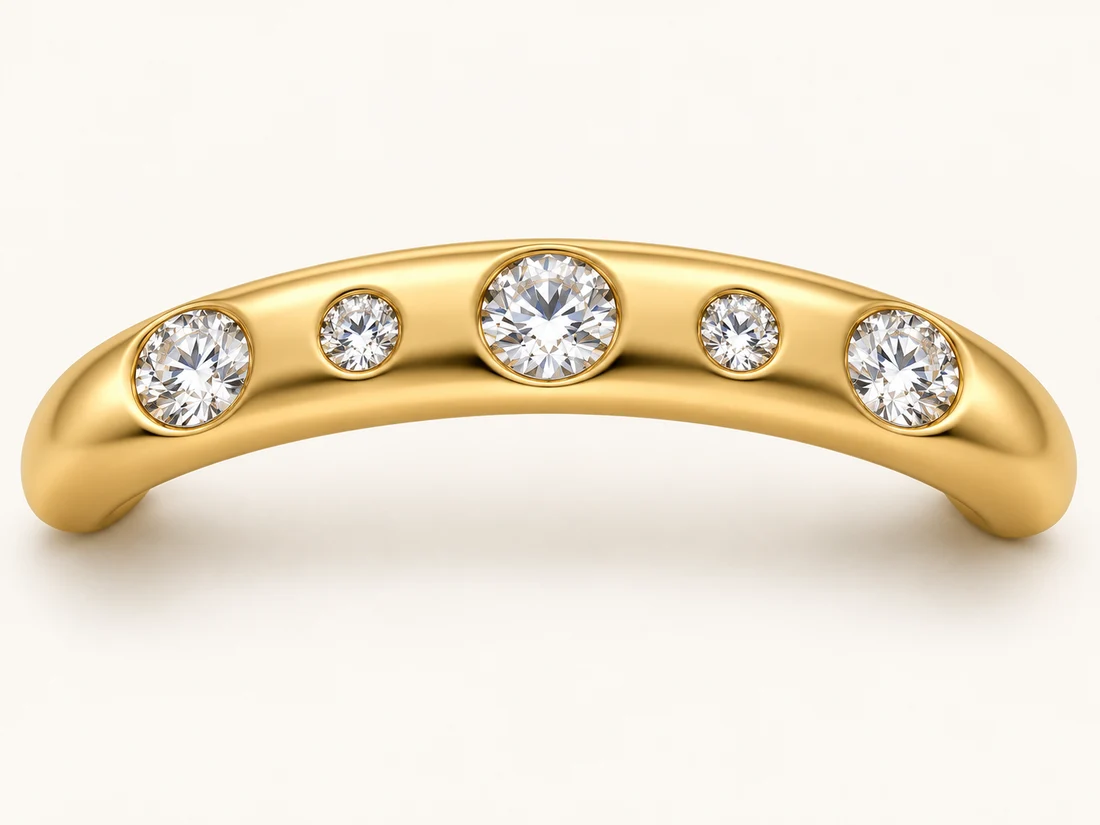 Illustration of spaced diamonds set low into a smooth gold band.