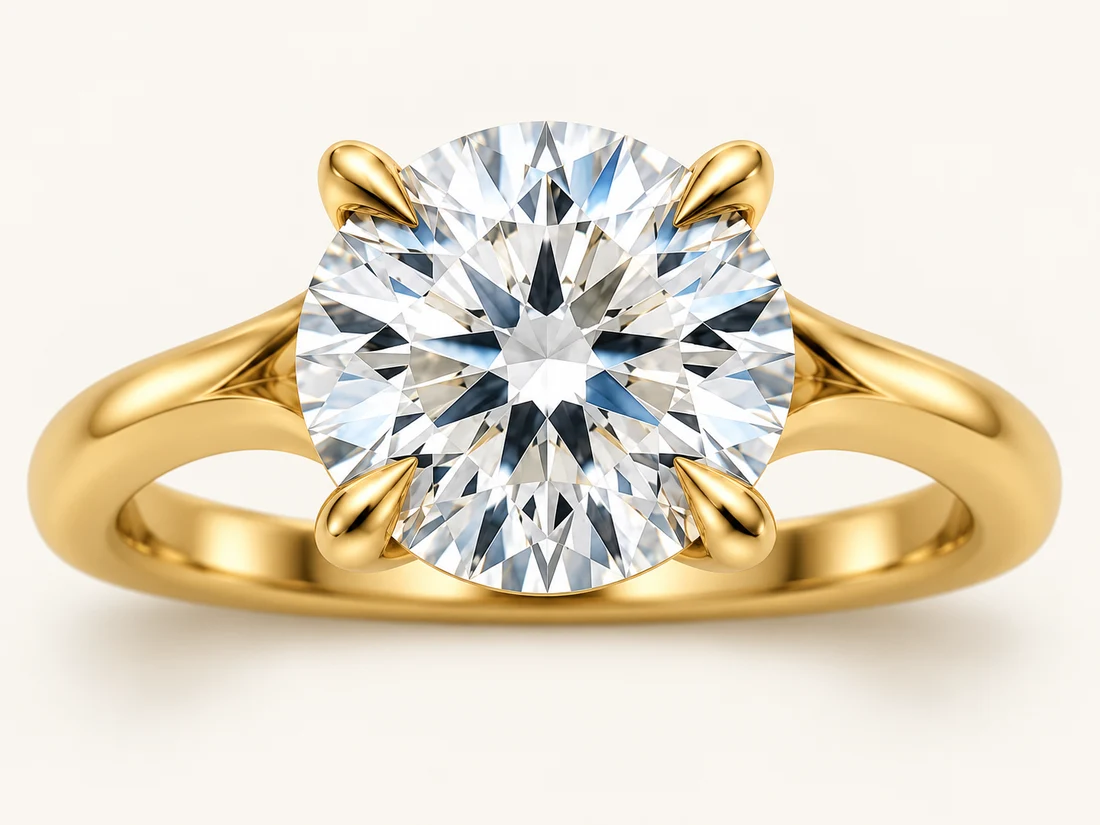 Illustration of a round solitaire diamond held by four tapered gold claw tips.