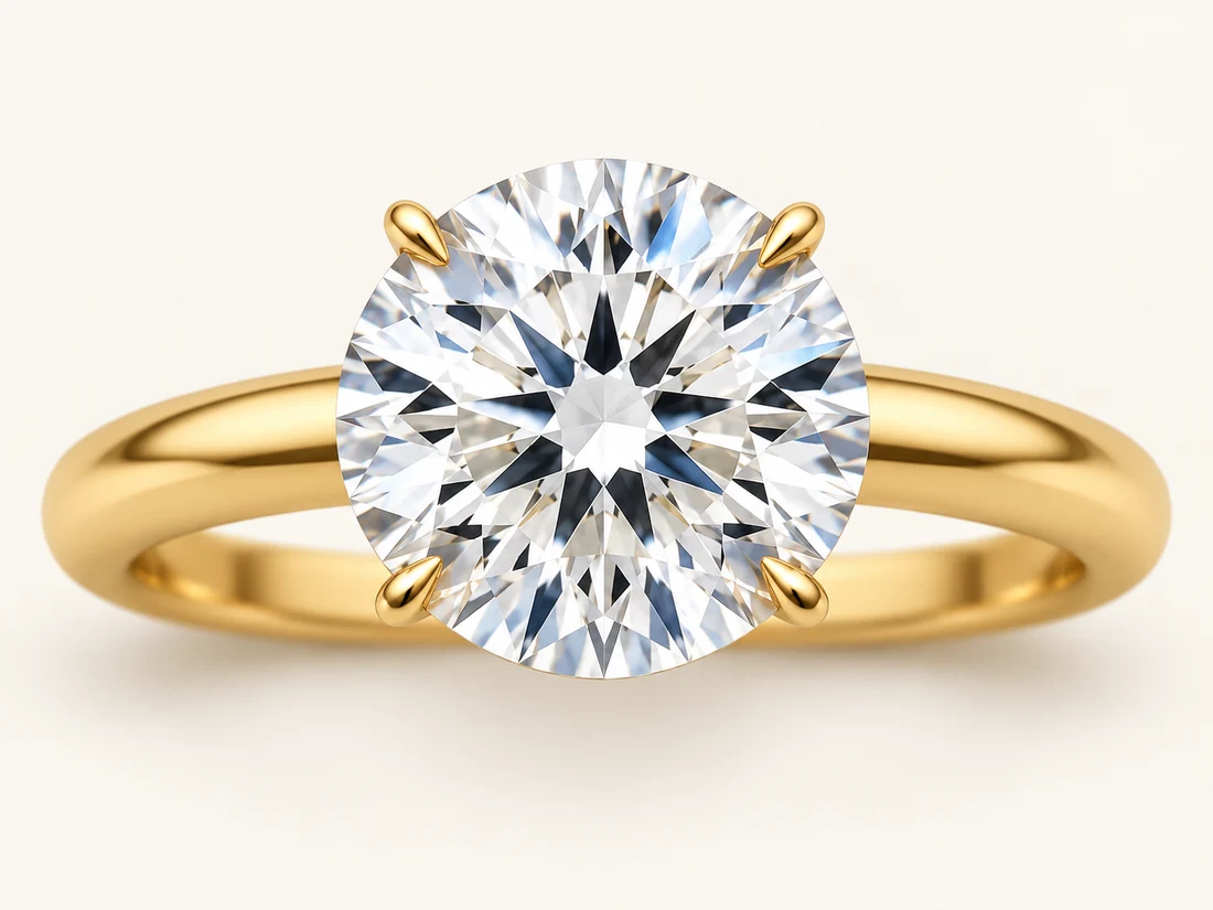 Illustration of a round solitaire diamond held by four small, fine gold claw tips.