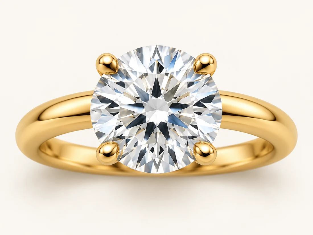 Illustration of a round solitaire diamond held by four rounded gold prong tips.