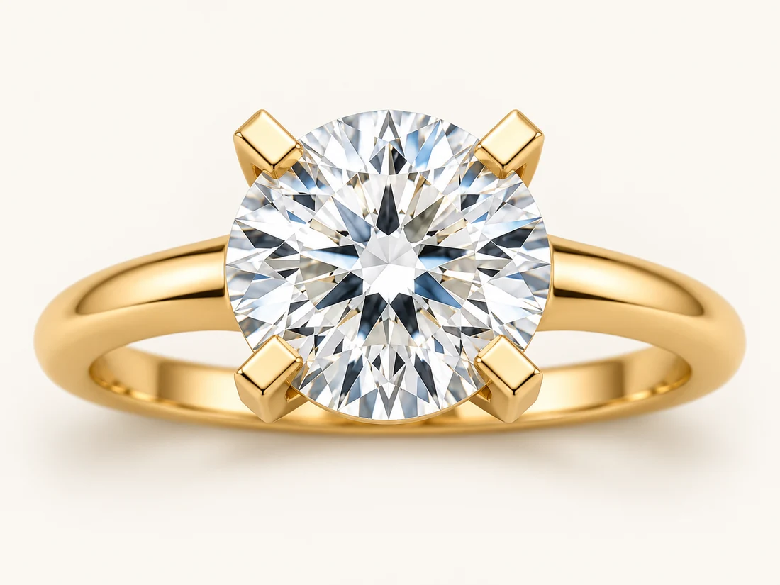 Illustration of a round solitaire diamond held by four flat rectangular gold tab prongs.