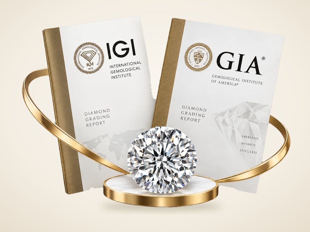 IGI and GIA diamond grading reports behind a round brilliant diamond on a gold stand
