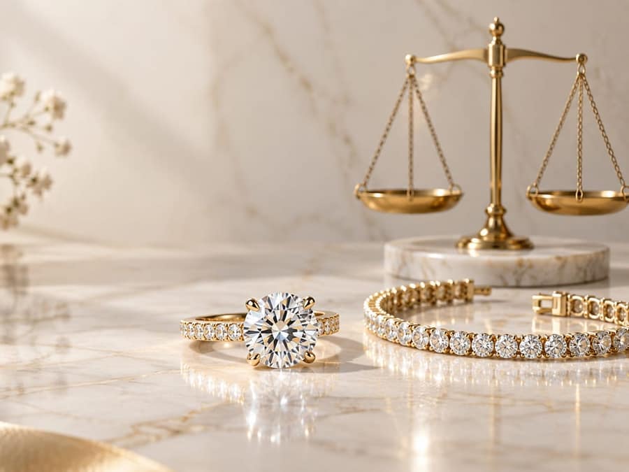 A diamond solitaire and tennis bracelet on marble beside a pair of gold scales